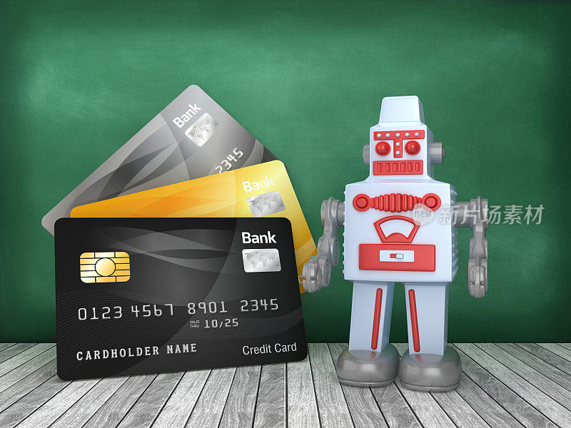 信用卡与复古机器人在黑板上- 3D渲染